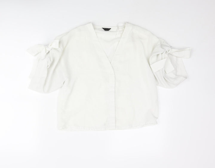 Topshop Womens White Polyester Basic Blouse Size 8 V-Neck - Sleeve Tie