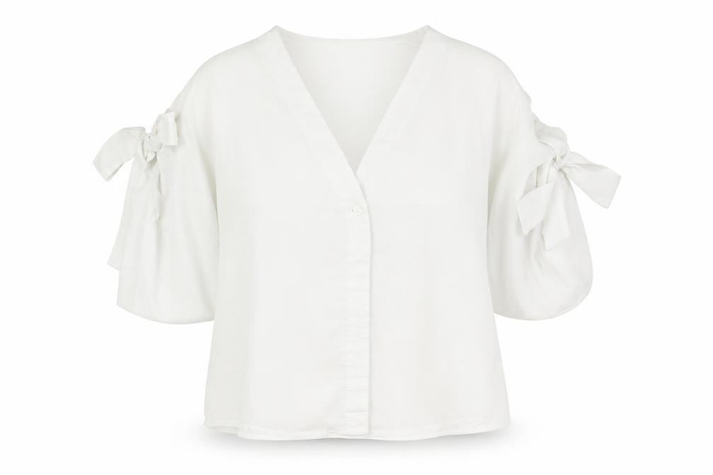 Front view of Topshop women’s white polyester basic blouse, size UK 8, v-neck - sleeve tie