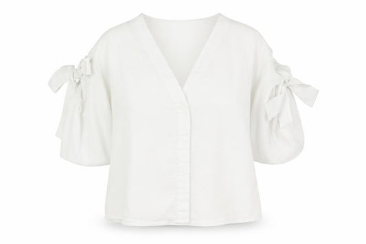 Front view of Topshop women’s white polyester basic blouse, size UK 8, v-neck - sleeve tie