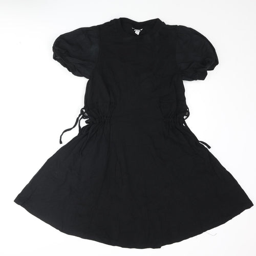 Topshop Womens Black Cotton A-Line Size 8 Round Neck Pullover - Drawstring Detail