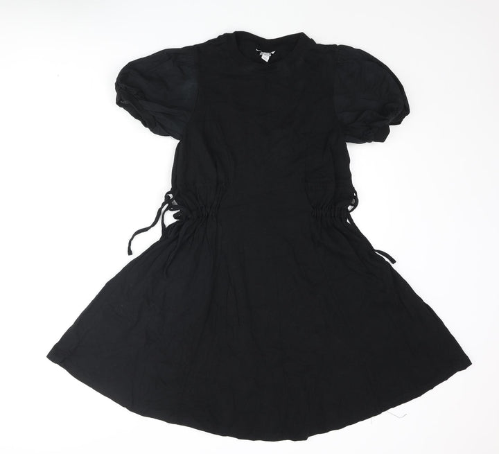 Topshop Womens Black Cotton A-Line Size 8 Round Neck Pullover - Drawstring Detail