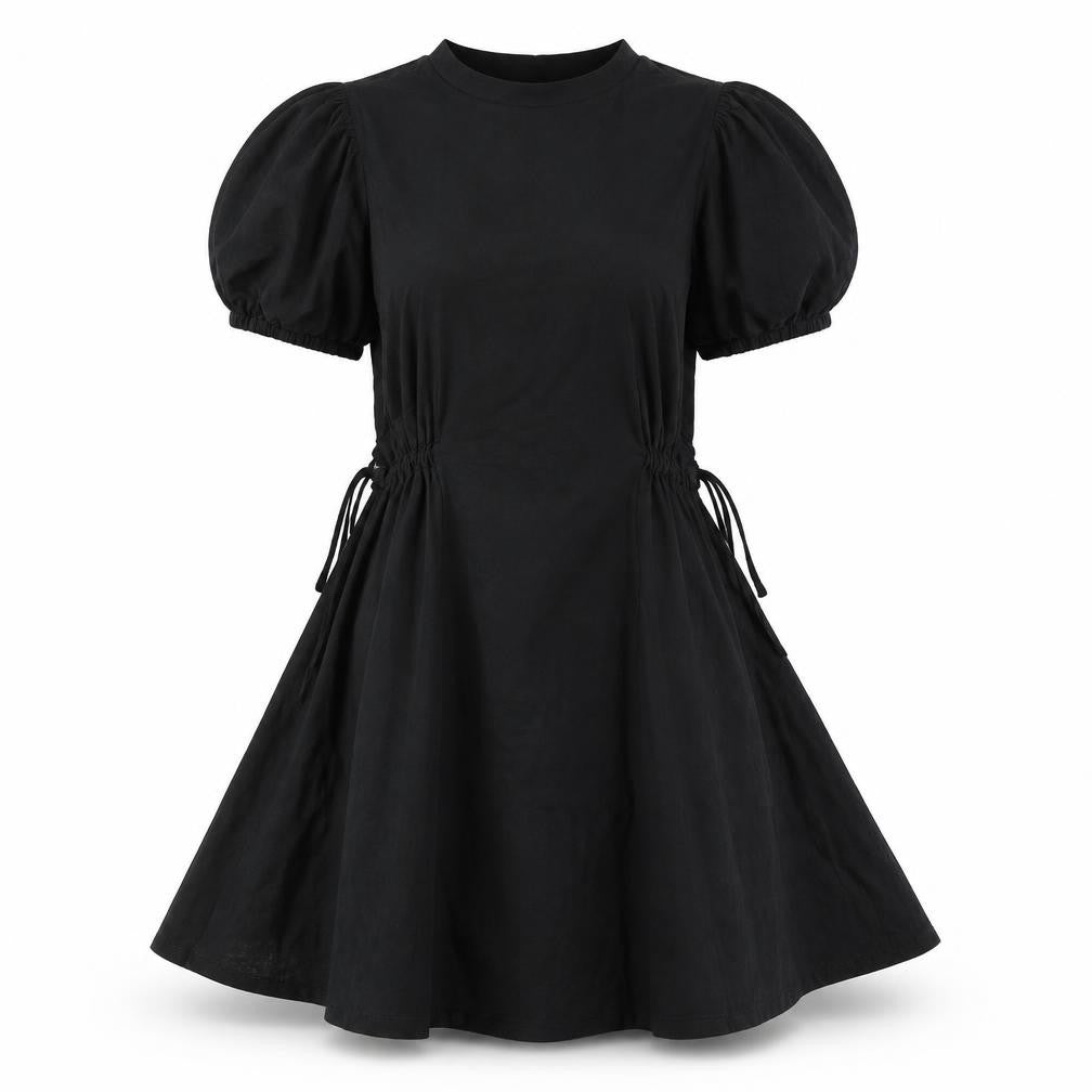 Front view of Topshop women’s black cotton a-line, size UK 8, round neck pullover - drawstring detail