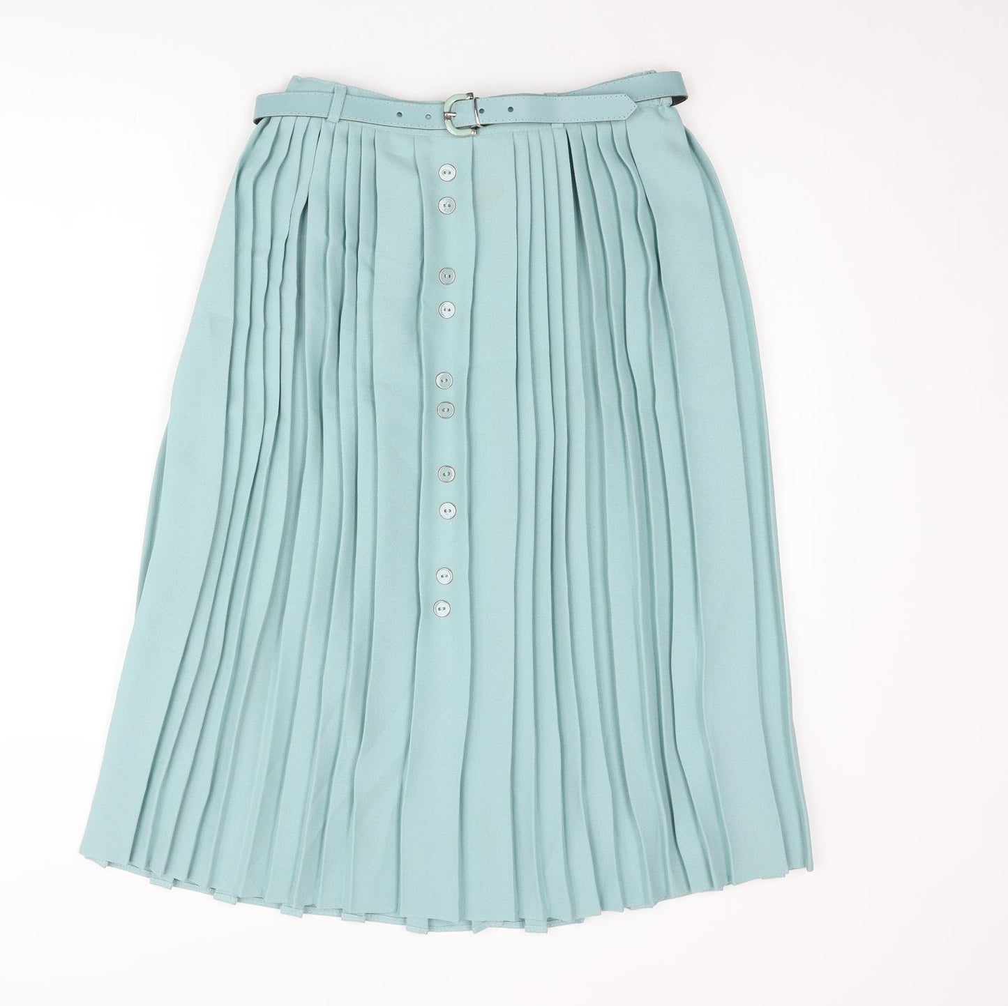 Bonmarché Womens Blue Polyester Pleated Skirt Size 14 - Belted Button Detail