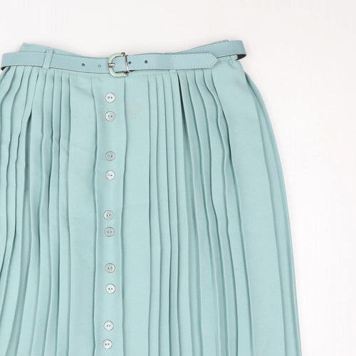 Bonmarché Womens Blue Polyester Pleated Skirt Size 14 - Belted Button Detail