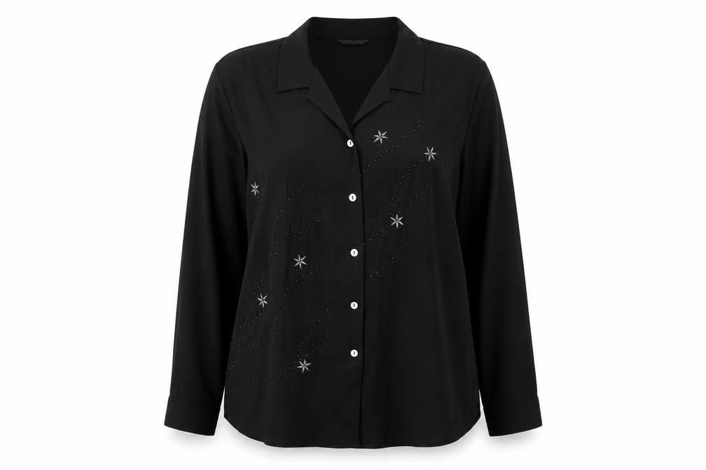 Front view of St Bernard women’s black polyester basic blouse, size UK 16, collared - floral embroidery beading