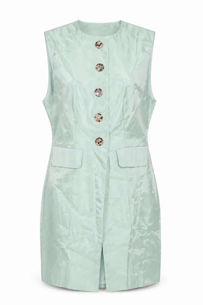 Front view of Annorlunda women’s green gilet jacket, size UK 14, button