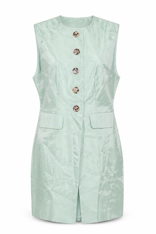 Front view of Annorlunda women’s green gilet jacket, size UK 14, button