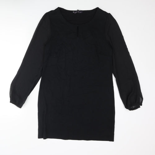 Marks and Spencer Womens Black Polyester Shift Size 12 Round Neck Button - Keyhole Neck Semi Sheer Sleeve