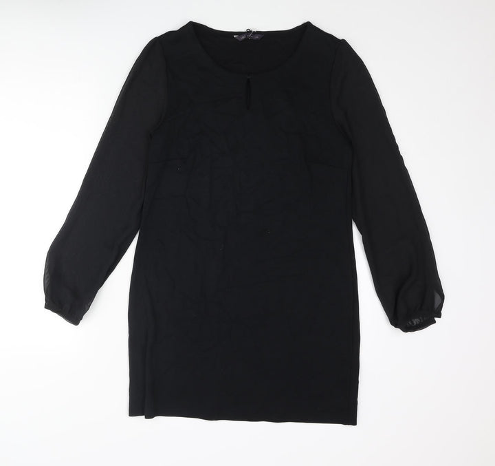 Marks and Spencer Womens Black Polyester Shift Size 12 Round Neck Button - Keyhole Neck Semi Sheer Sleeve