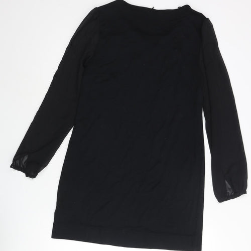 Marks and Spencer Womens Black Polyester Shift Size 12 Round Neck Button - Keyhole Neck Semi Sheer Sleeve