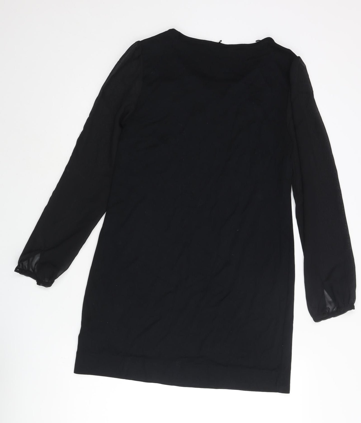 Marks and Spencer Womens Black Polyester Shift Size 12 Round Neck Button - Keyhole Neck Semi Sheer Sleeve