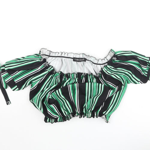 Cameo Rose Womens Green Striped Polyester Cropped Blouse Size 10 Off the Shoulder - Bow