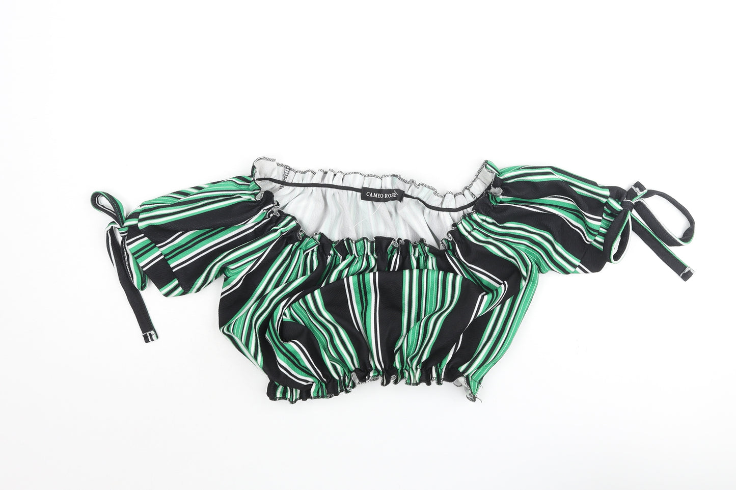 Cameo Rose Womens Green Striped Polyester Cropped Blouse Size 10 Off the Shoulder - Bow