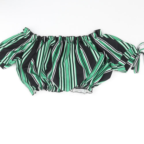 Cameo Rose Womens Green Striped Polyester Cropped Blouse Size 10 Off the Shoulder - Bow