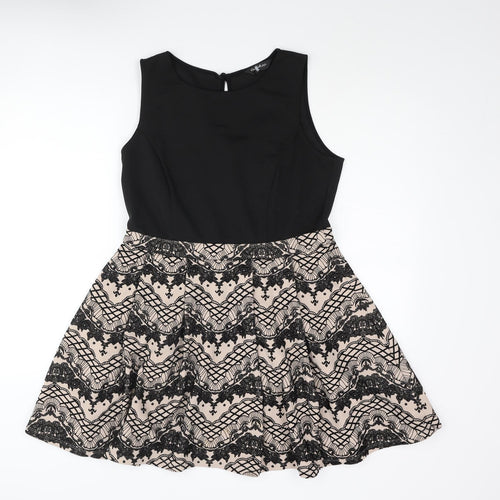 Miss Selfridge Womens Black Polyester Skater Dress Size 14 Round Neck Button - Geometric Print