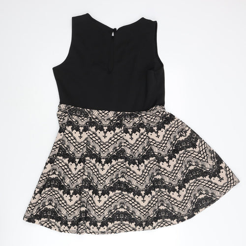 Miss Selfridge Womens Black Polyester Skater Dress Size 14 Round Neck Button - Geometric Print