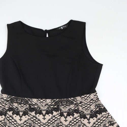 Miss Selfridge Womens Black Polyester Skater Dress Size 14 Round Neck Button - Geometric Print