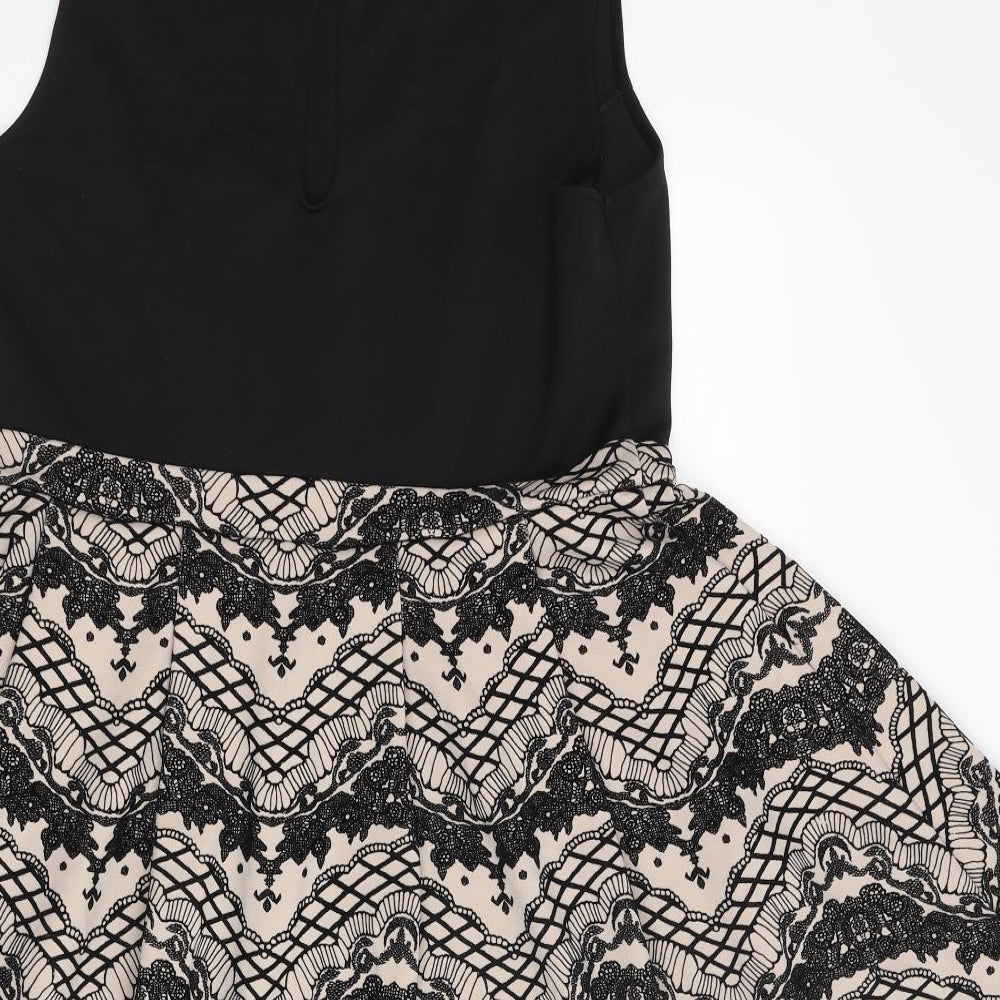 Miss Selfridge Womens Black Polyester Skater Dress Size 14 Round Neck Button - Geometric Print