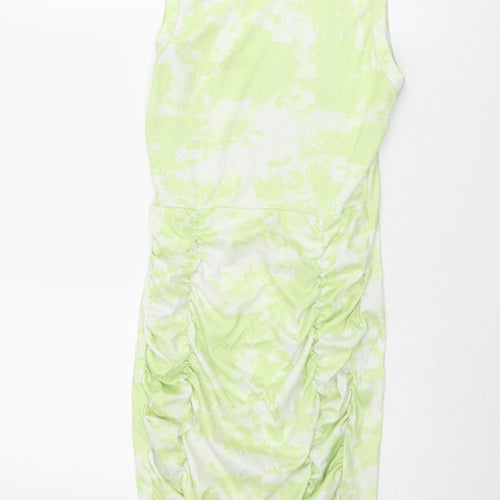 PRETTYLITTLETHING Womens Green Geometric Polyester Tank Dress Size 8 Round Neck Pullover - Rouched