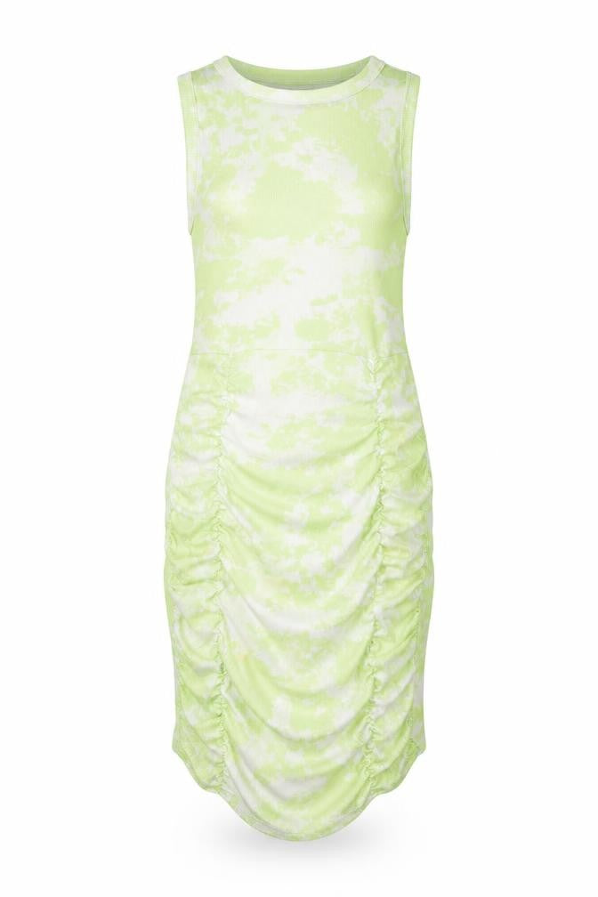 Front view of PRETTYLITTLETHING women’s green geometric polyester tank dress, size UK 8, round neck pullover - rouched