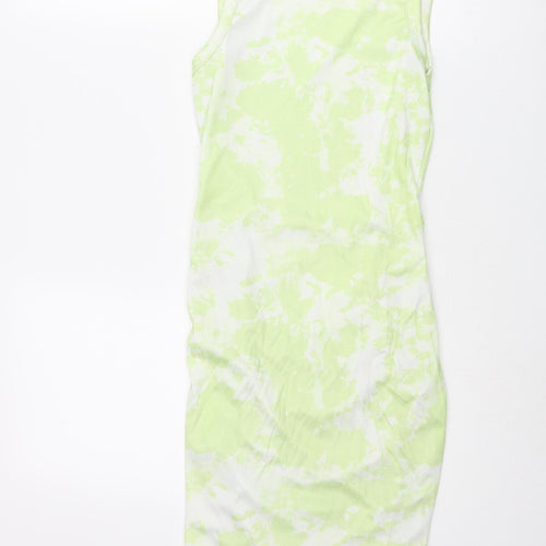 PRETTYLITTLETHING Womens Green Geometric Polyester Tank Dress Size 8 Round Neck Pullover - Rouched