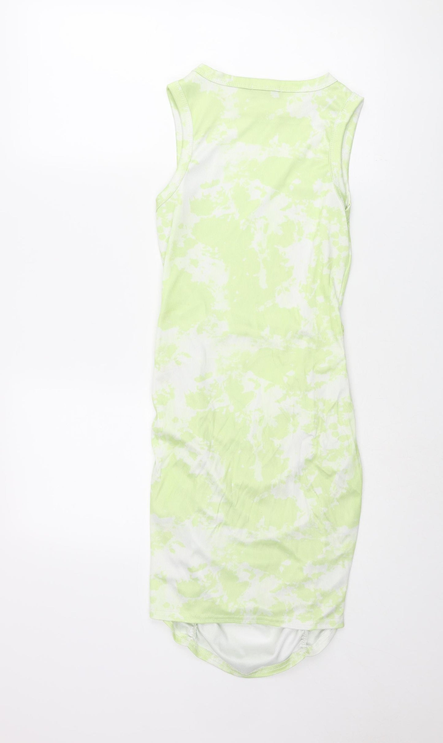 PRETTYLITTLETHING Womens Green Geometric Polyester Tank Dress Size 8 Round Neck Pullover - Rouched