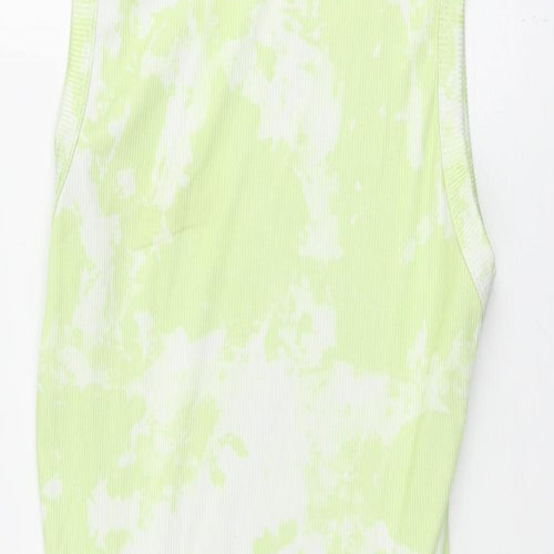 PRETTYLITTLETHING Womens Green Geometric Polyester Tank Dress Size 8 Round Neck Pullover - Rouched