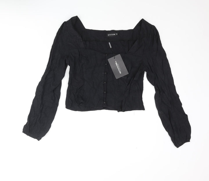 PRETTYLITTLETHING Womens Black Polyester Basic Blouse Size 12 Square Neck