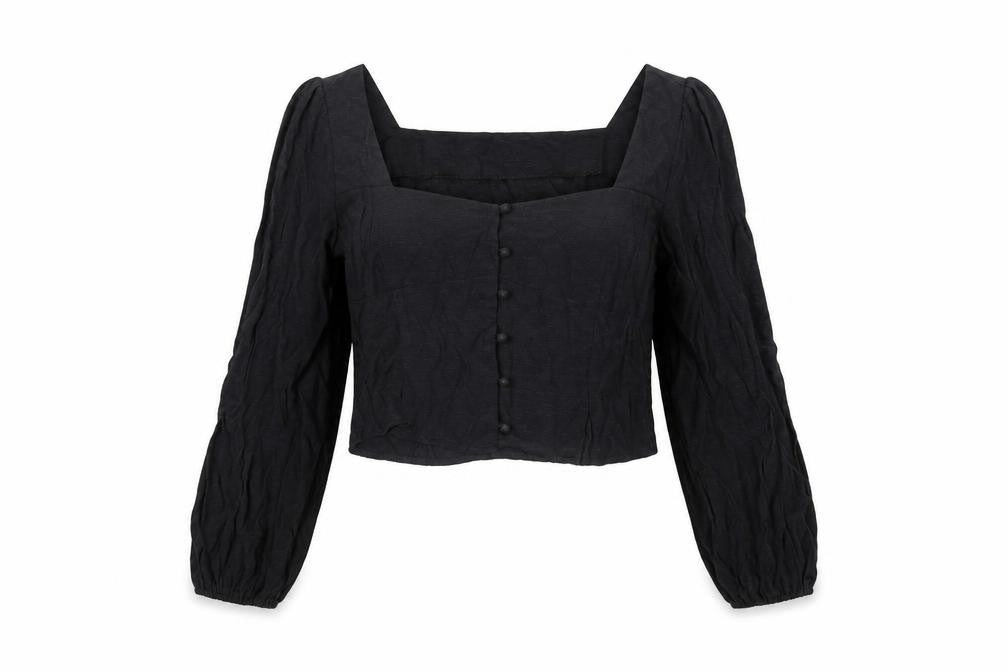 Front view of PRETTYLITTLETHING women’s black polyester basic blouse, size UK 12, square neck