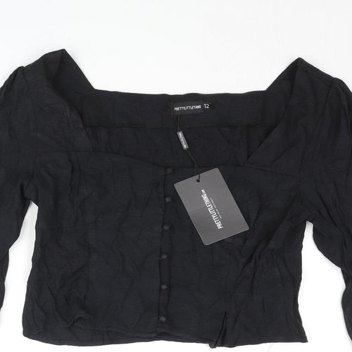 PRETTYLITTLETHING Womens Black Polyester Basic Blouse Size 12 Square Neck
