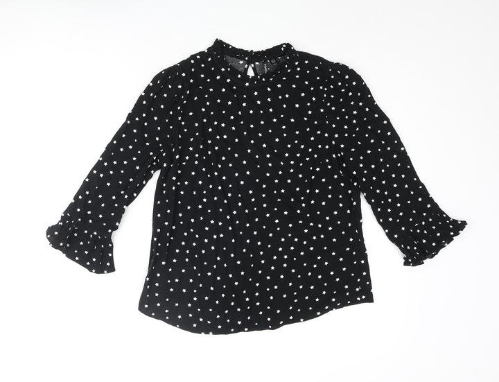 Forever New Womens Black Geometric Viscose Basic Blouse Size 8 Mock Neck - Star Print Frill
