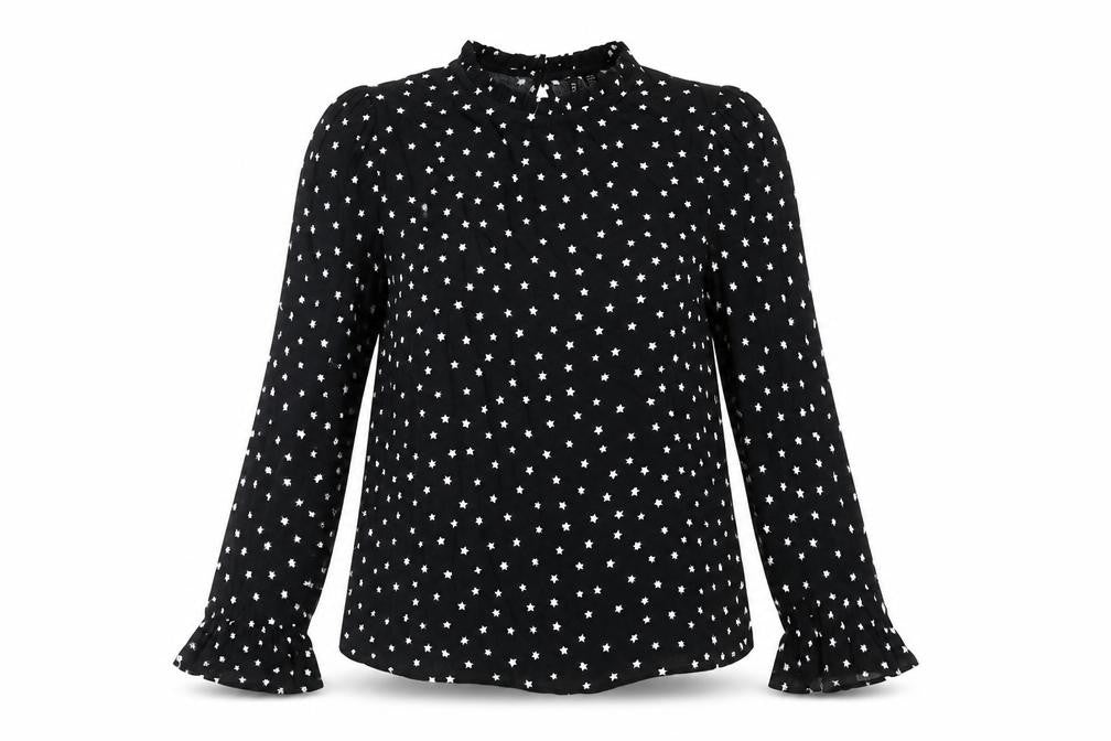 Front view of Forever New women’s black geometric viscose basic blouse, size UK 8, mock neck - star print frill