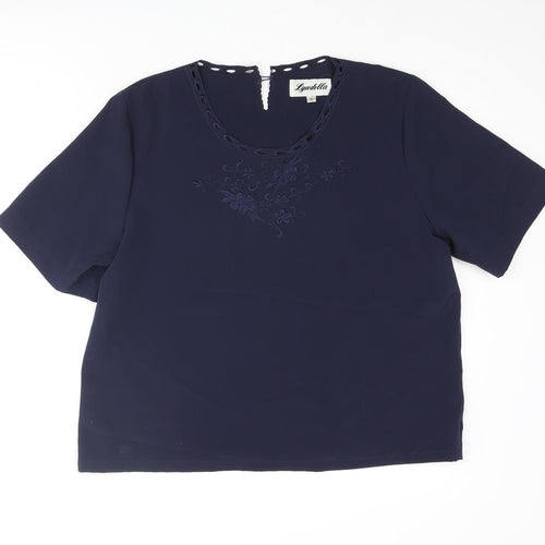 Lyndella Womens Blue Polyester Basic Blouse Size 16 Round Neck - Floral Embroidery