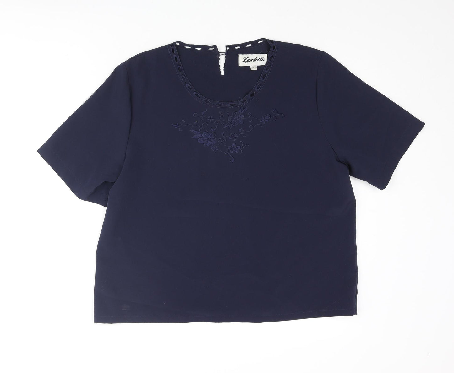 Lyndella Womens Blue Polyester Basic Blouse Size 16 Round Neck - Floral Embroidery