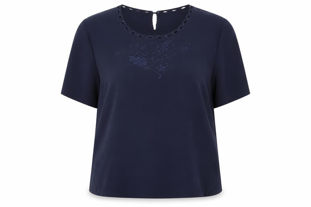 Front view of Lyndella women’s blue polyester basic blouse, size UK 16, round neck - floral embroidery