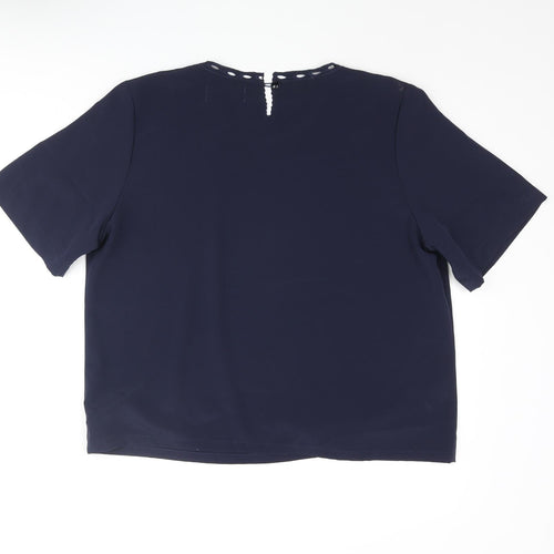 Lyndella Womens Blue Polyester Basic Blouse Size 16 Round Neck - Floral Embroidery