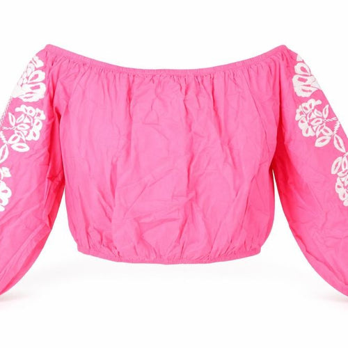 Marks and Spencer Womens Pink Cotton Cropped Blouse Size 18 Off the Shoulder - Floral Embroidery