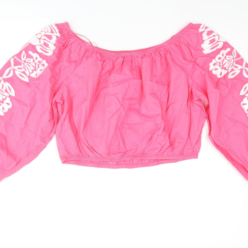 Marks and Spencer Womens Pink Cotton Cropped Blouse Size 18 Off the Shoulder - Floral Embroidery