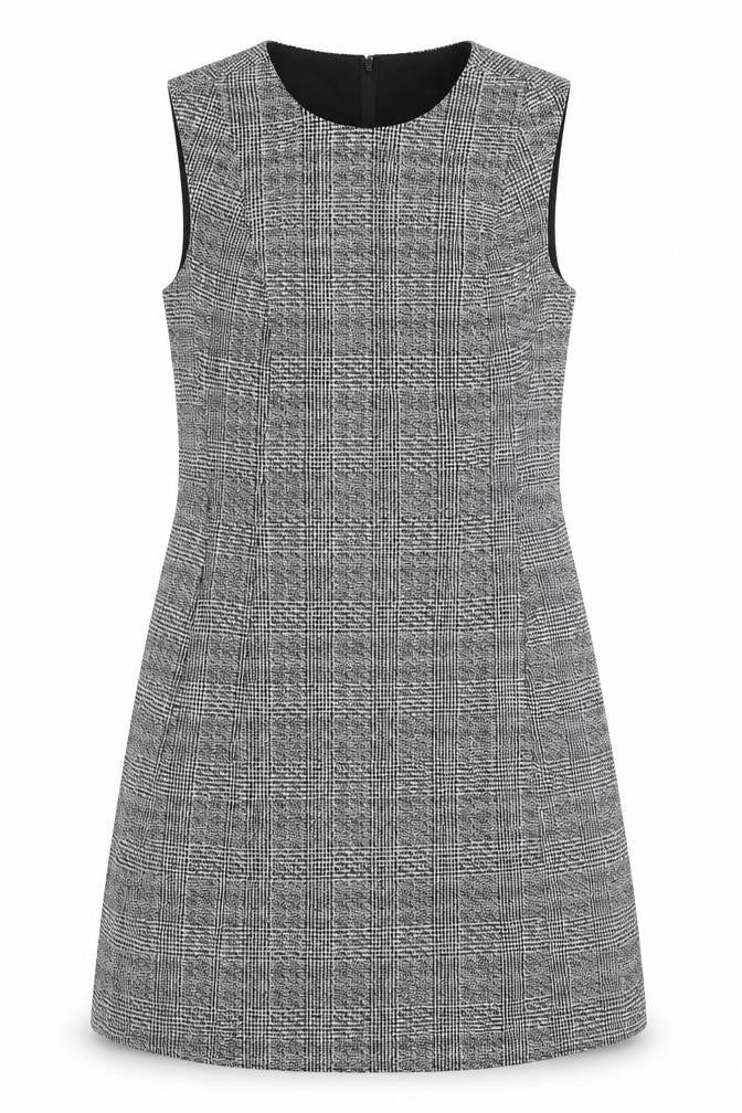 Front view of Dorothy Perkins women’s black check polyester a-line, size UK 10, round neck zip