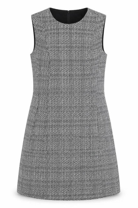 Front view of Dorothy Perkins women’s black check polyester a-line, size UK 10, round neck zip