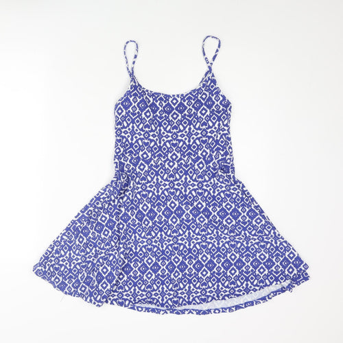 Divided by H&M Womens Blue Geometric Cotton Skater Dress Size S Scoop Neck Pullover