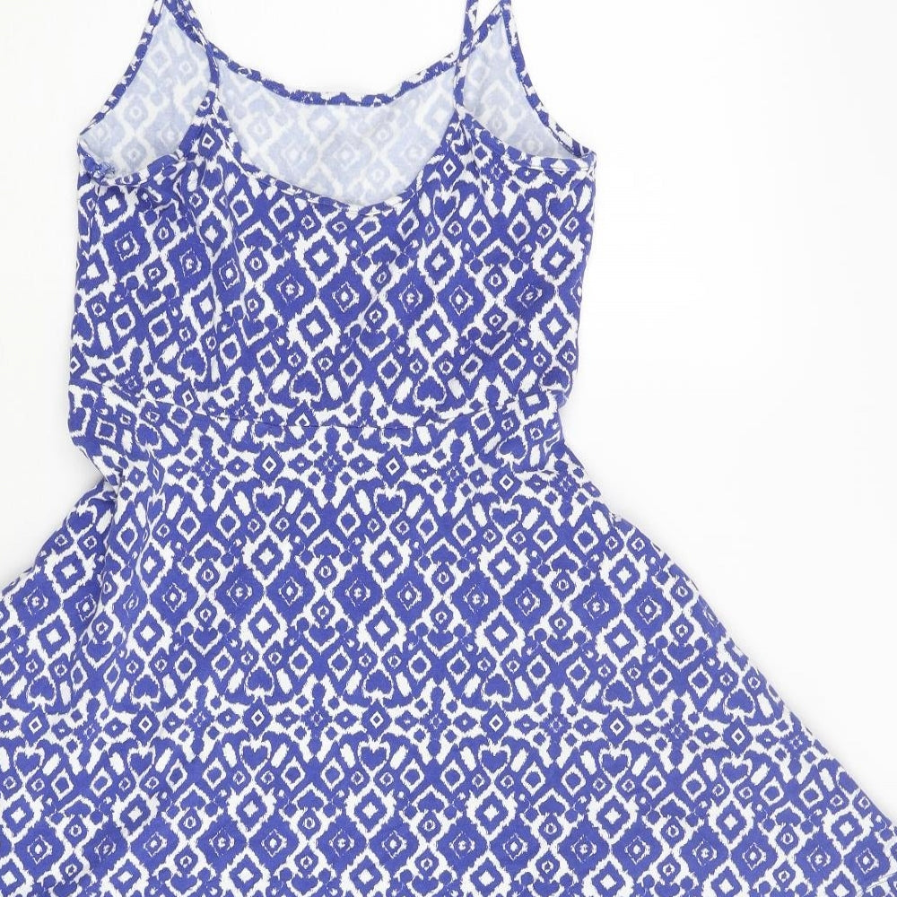 Divided by H&M Womens Blue Geometric Cotton Skater Dress Size S Scoop Neck Pullover