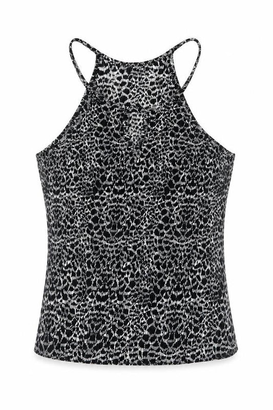Front view of Next women’s black geometric polyester camisole blouse, size UK 14, square neck