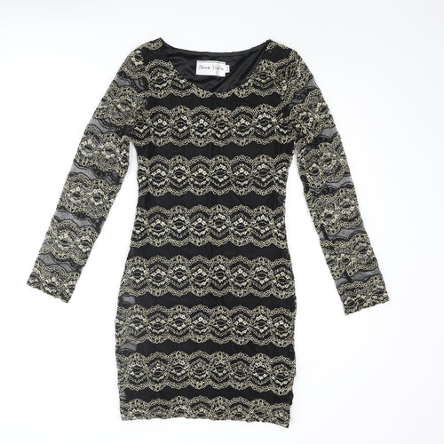 Snow Traffic Womens Black Polyester Bodycon Size S Round Neck Pullover - Gold Detail Size S-M