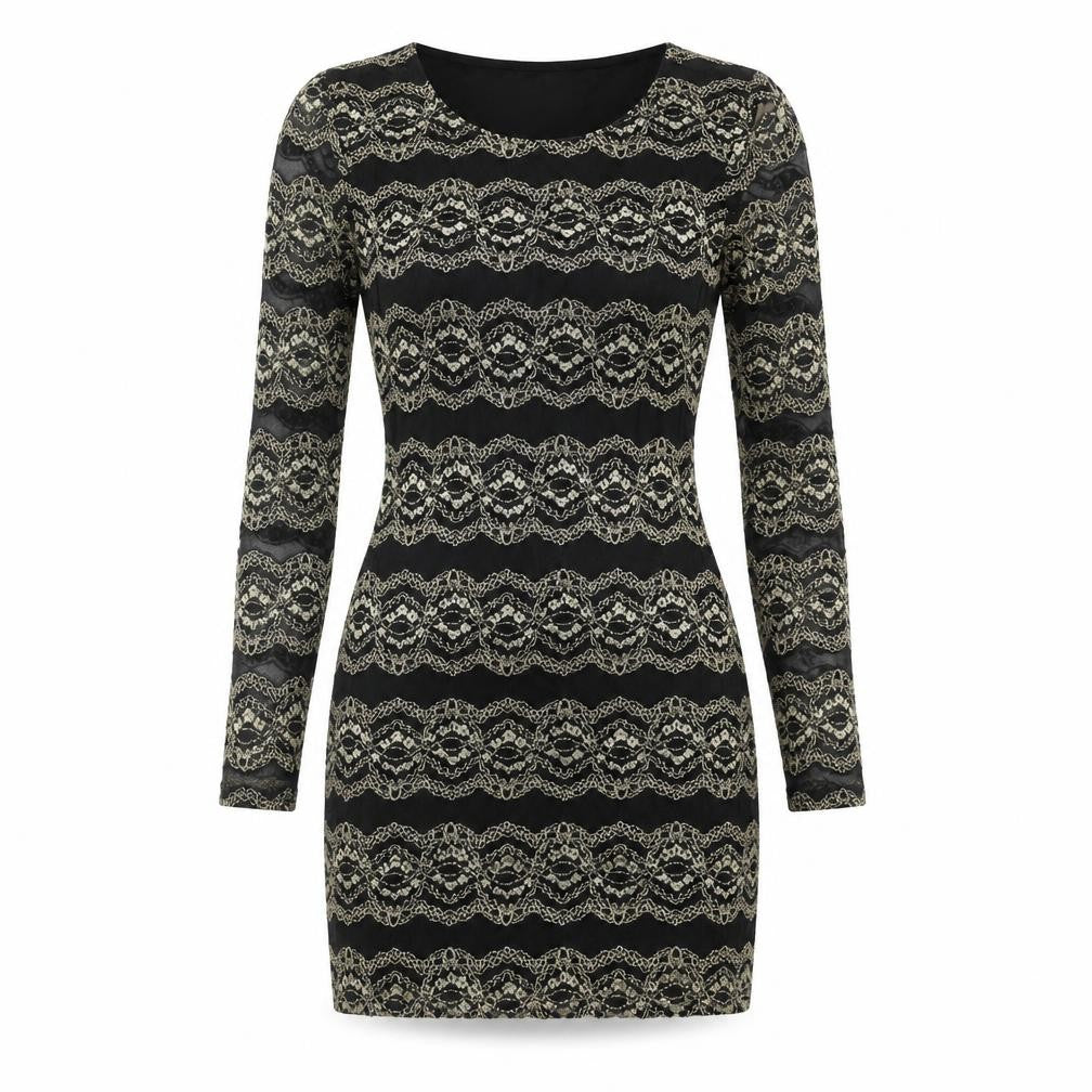 Front view of Snow Traffic women’s black polyester bodycon, size S, round neck pullover - gold detail, size S-m