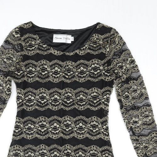 Snow Traffic Womens Black Polyester Bodycon Size S Round Neck Pullover - Gold Detail Size S-M