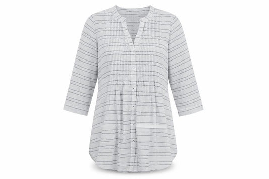 Front view of Debenhams women’s blue geometric polyester tunic blouse, size UK 10, v-neck