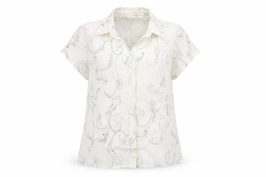 Front view of BHS women’s ivory geometric polyester basic blouse, size UK 18, collared - embroidered