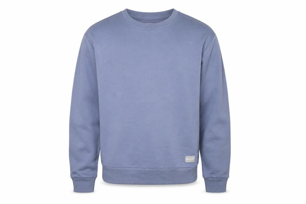 Front view of Holluster men’s blue cotton pullover sweatshirt, size S