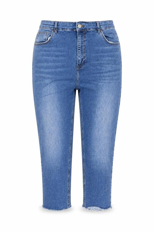 Front view of Topshop women’s blue cotton cropped jeans, size UK 36, in, 21-inch leg regular button
